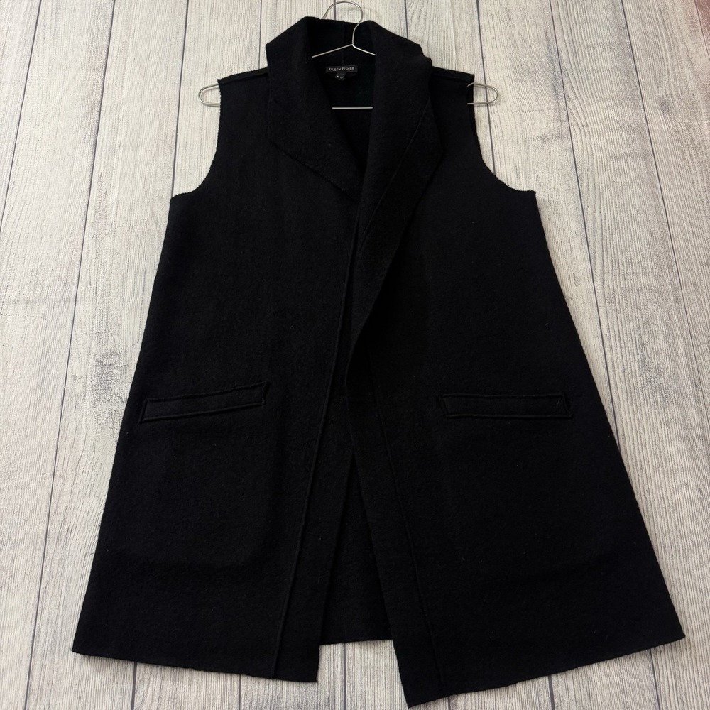Eileen‎ Fisher Boiled Wool Vest Women's Size XS Black Open Shawl Collar Pockets